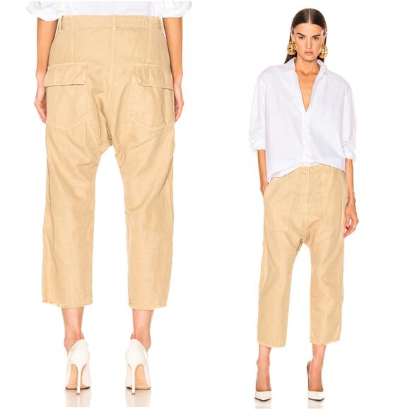 Nili Lotan 2 Slouchy $395 LINEN Luna Pants Drop Crotch Cropped Desert Sand NWT